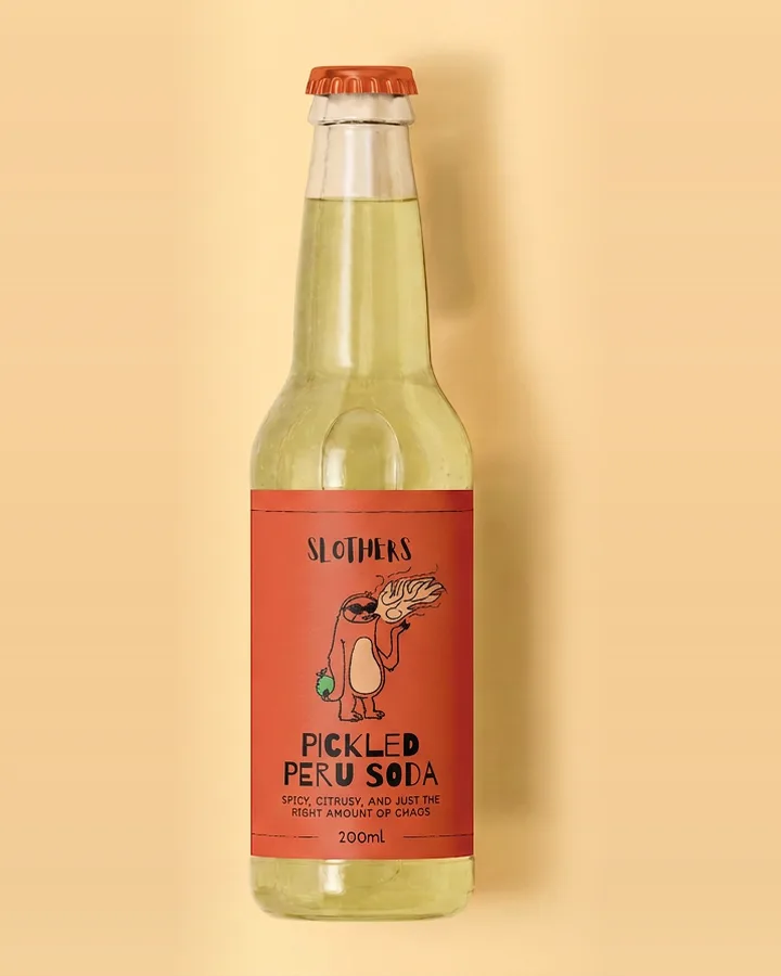 Slothers Pickled Peru Soda, spicy guava soda, 200 ml bottle with red label